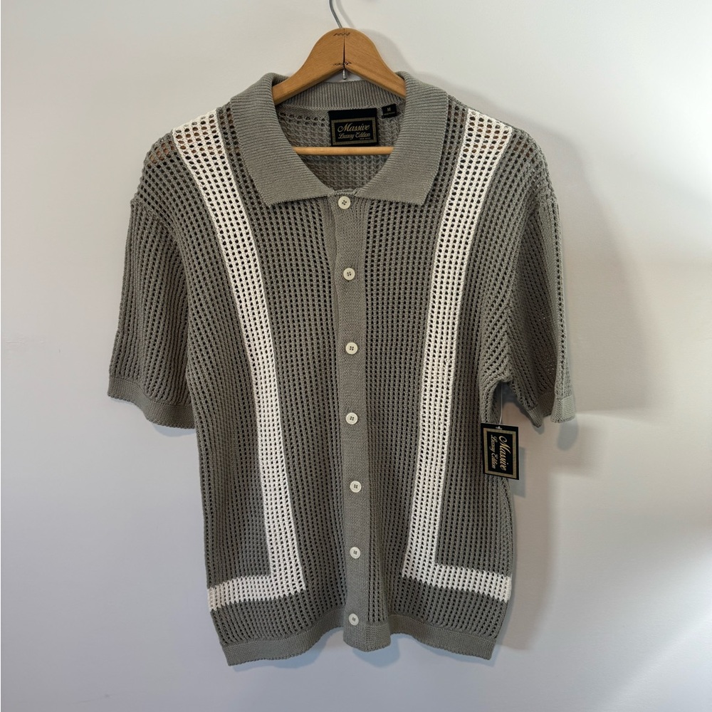 Sage Green Crochet-Style Knit Polo Shirt - Button Up Collared Short Sleeve